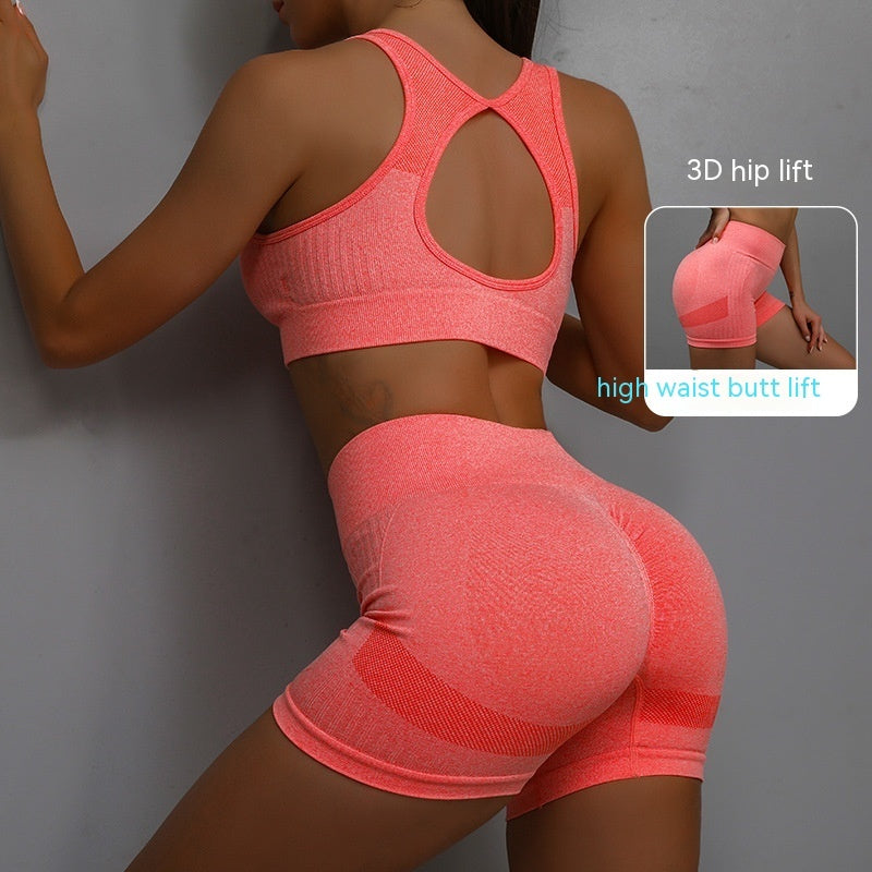 Breathable Hip-lifting Shorts And Hollow Out Back Bra gym set