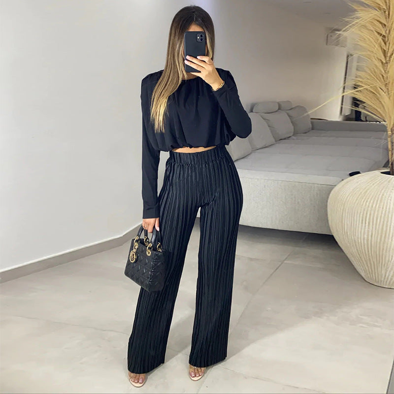 pleated Casual Pants with Long Sleeve Top