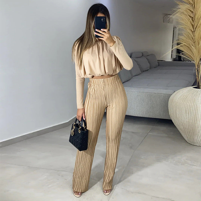 pleated Casual Pants with Long Sleeve Top