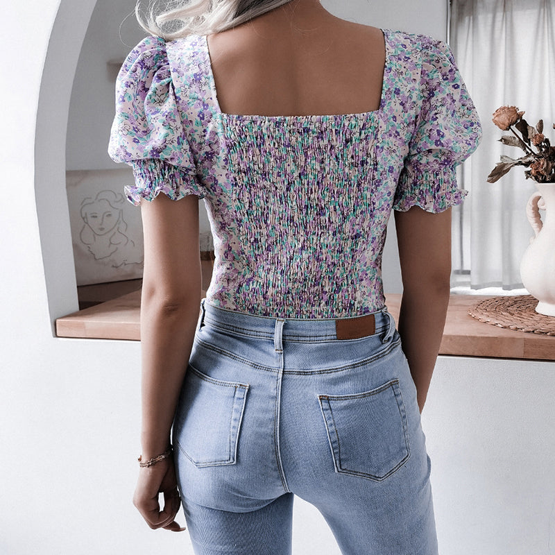 Square Collar Floral Printed Tops