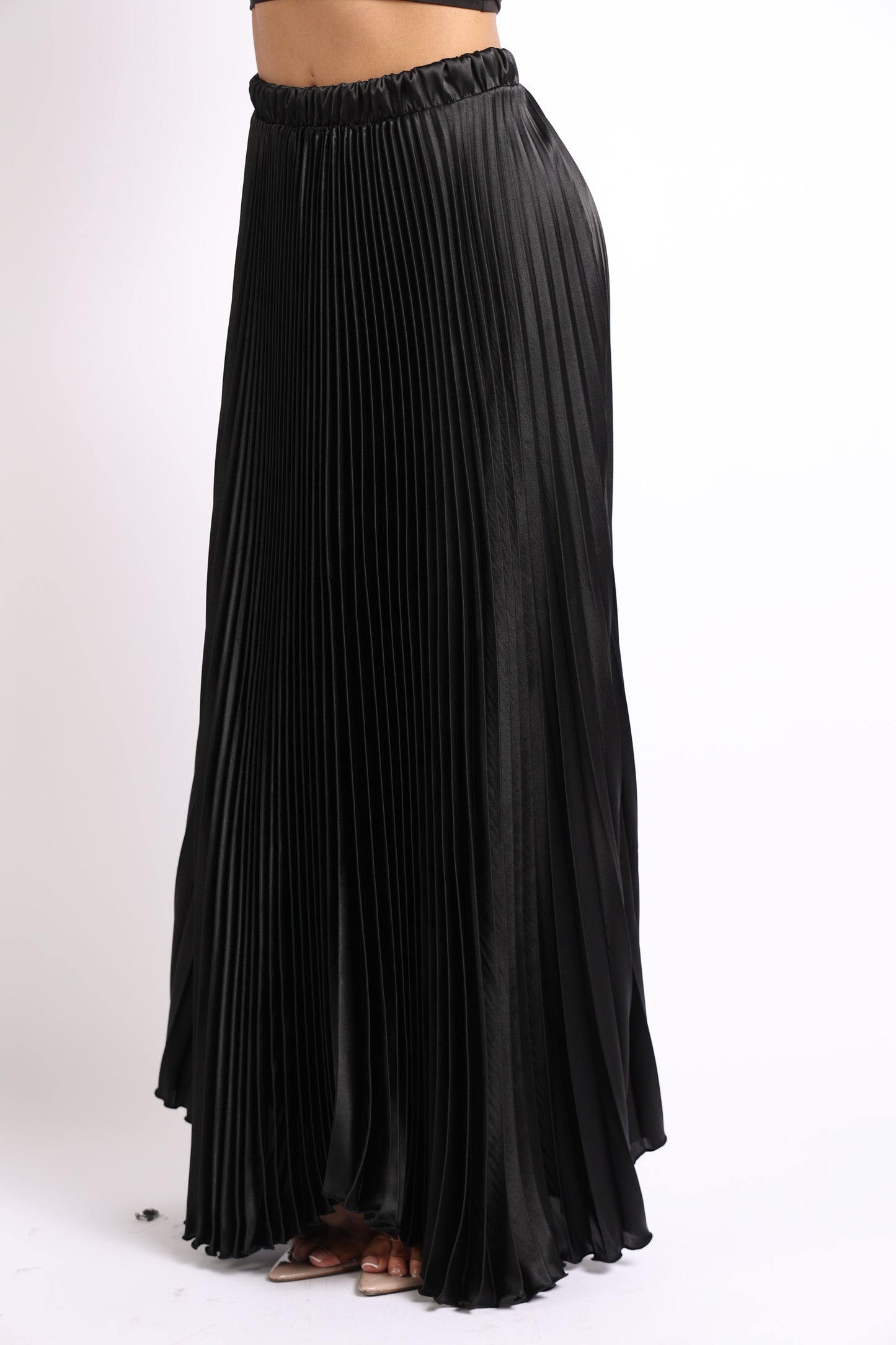 High Waist A-Line Pleated Satin Maxi Skirt 
