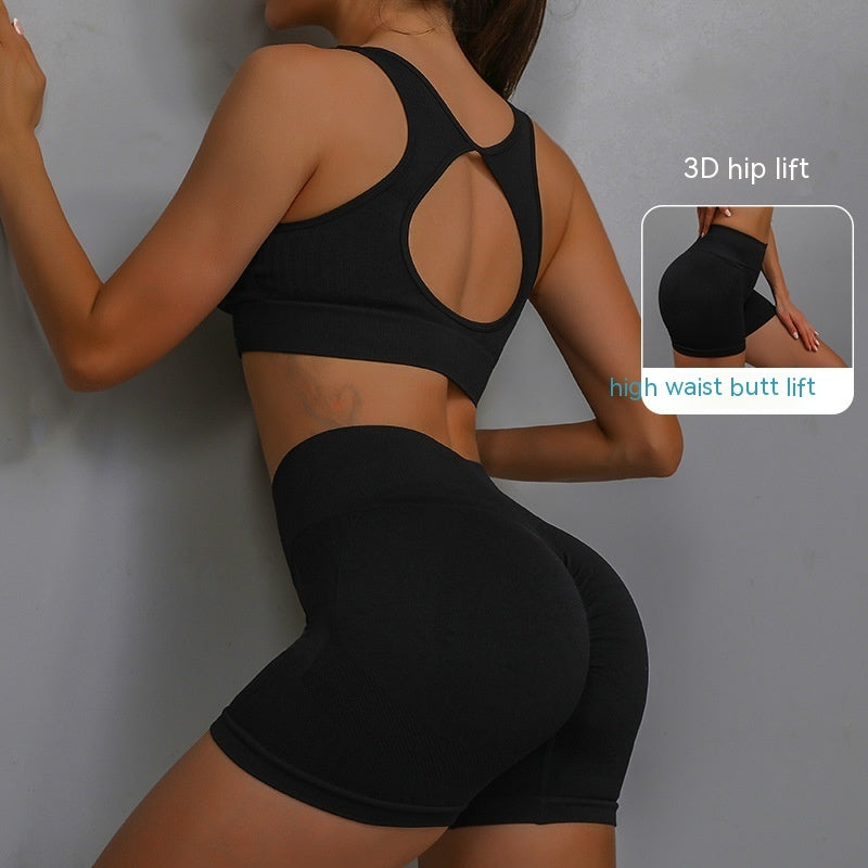 Breathable Hip-lifting Shorts And Hollow Out Back Bra gym set
