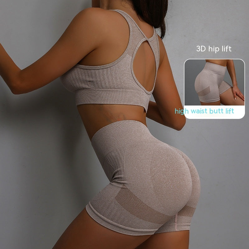 Breathable Hip-lifting Shorts And Hollow Out Back Bra gym set