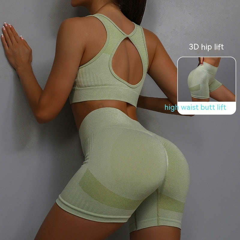 Breathable Hip-lifting Shorts And Hollow Out Back Bra gym set