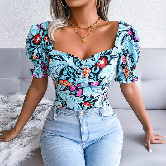 Square Collar Floral Printed Tops