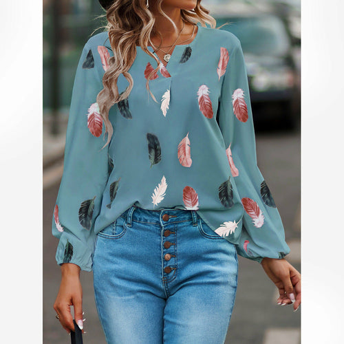 V-neck Feather Print Long-sleeved Loose T-shirt Women's Tops