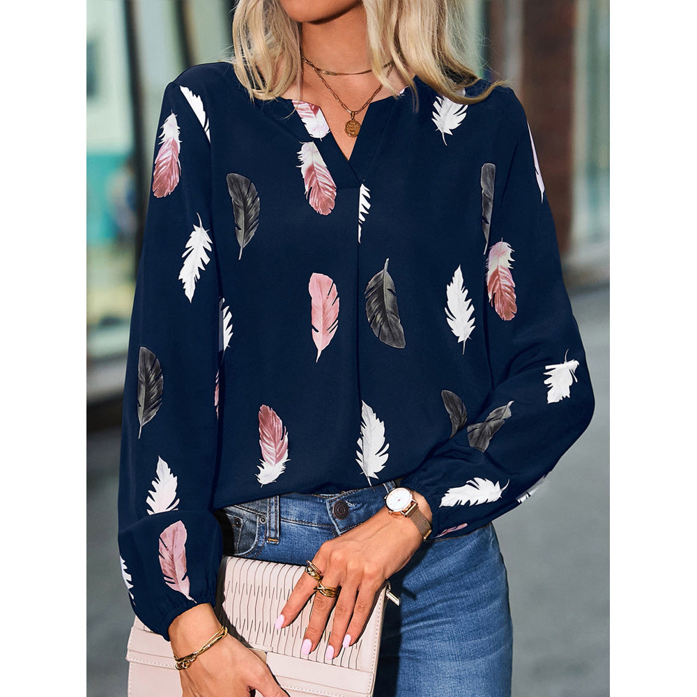 V-neck Feather Print Long-sleeved Loose T-shirt Women's Tops