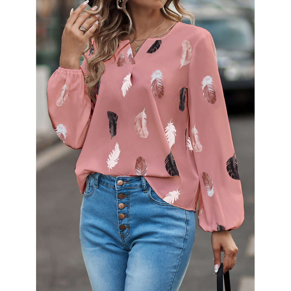 V-neck Feather Print Long-sleeved Loose T-shirt Women's Tops