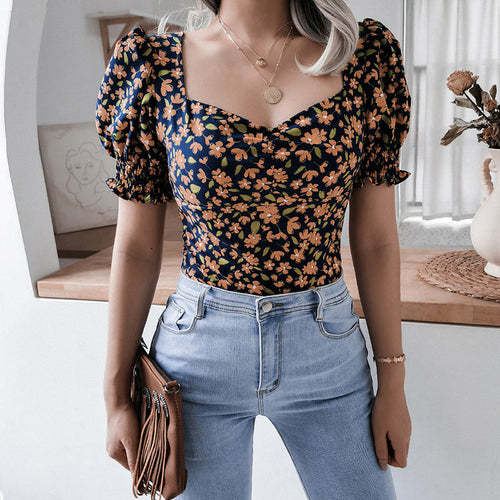 Square Collar Floral Printed Tops