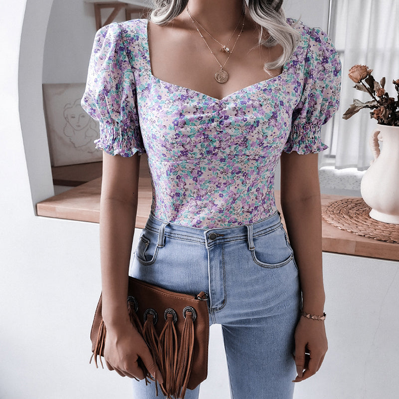 Square Collar Floral Printed Tops